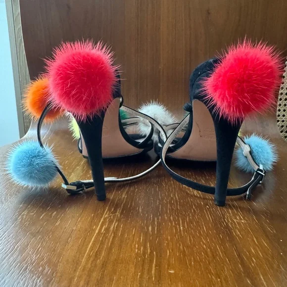 Fendi Red and Orange Heels with Playful Pom-Poms